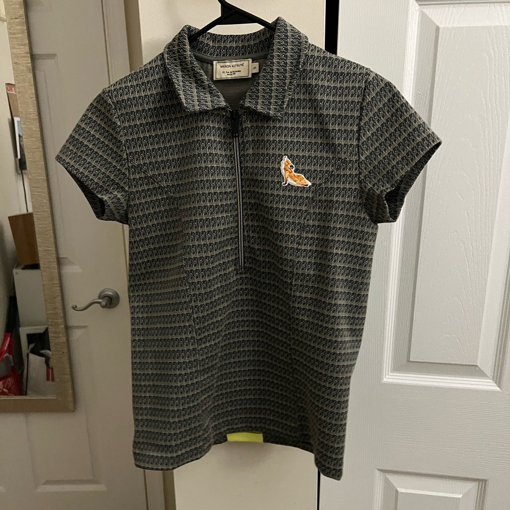 MAISON KITSUNE Gray Short Sleeve Knit Polo with Fox Patch